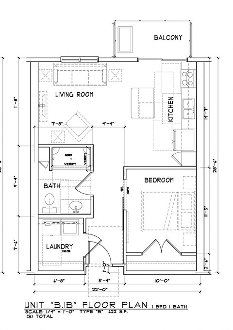 Floor plan for 1 bed, 1 bath, 744 sqft